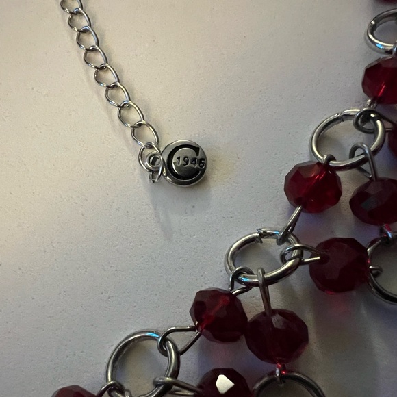 C 1946 Signed Ruby Red and Silver Tone Chain Bib Necklace - Picture 4 of 4